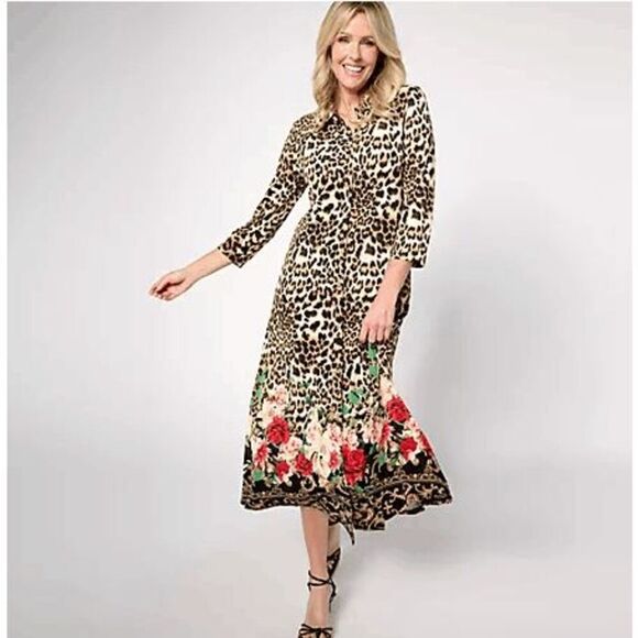 Attitudes by Renee Medium Animal Print Button Down Maxi Dress	Black Tan NWOT) - Picture 1 of 3